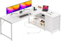 PRAISUN 61" L Shaped Desk with Power Outlets and USB-C Port, Reversible Computer Corner Office Desk with 4 Fabric Drawers and 2 Height-Adjustable Shelves, Large for Gaming Writing Work Study, White