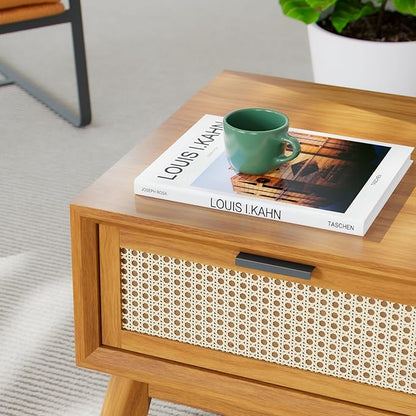 Bme Solid Wood Jasper Coffee Table with Storage, Accent Rattan Design, Good Choice for Living Room, Dark Chocolate