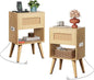 WLIVE Rattan Nightstands Set of 2 with Charging Station, Boho Nightstand, Wood Side Table, Small End Table with Drawers for Bedroom, Natural Oak