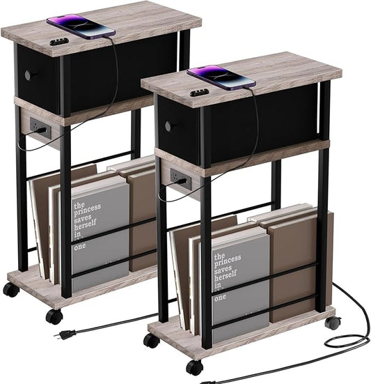 Side Table Set of 2,Side Table with Charging Station and Drawer, Narrow End Table with USB Ports and Outlets for Small Space, Living Room, Bedroom and Office, with 4 Wheels