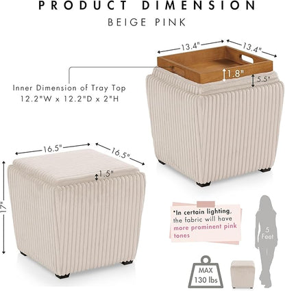 Furniture of America Lennox Modern Chenille 17-inch Square Storage Ottoman with Reversible Tray Top, Upholstered Footstool for Living Room, Bedroom, Entryway, Beige Pink