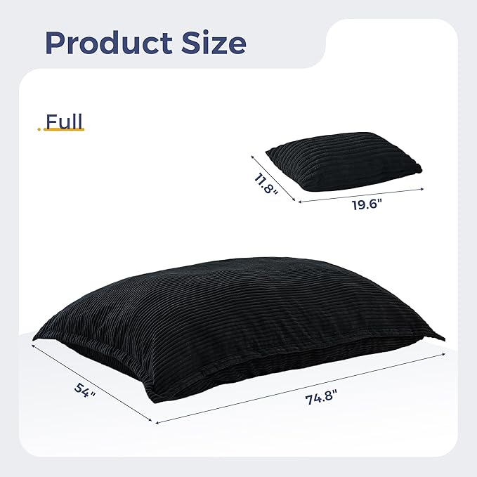 MAXYOYO Giant Bean Bag Chair with Pillow, 3 in 1 Convertible Bean Bag Chair for Adults with Washable Cover, Removable Floor Cushion Stuffed Floor Lounger for Living Room Bedroom, Black, Full