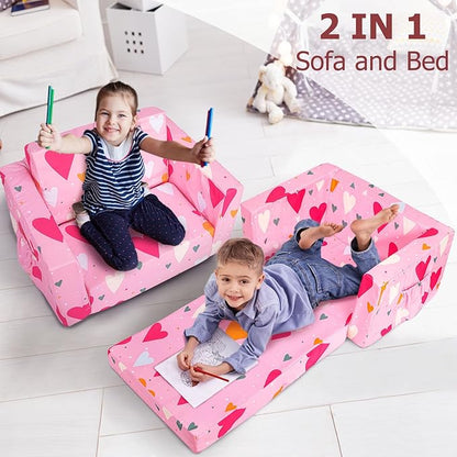 Kids Couch, 2-in-1 Kids Fold Out Sofa, Convertible Toddler Couch to Lounger for Girls and Boys, Soft Toddler Chairs Comfy 1-3 Years Old(Pink Heart)