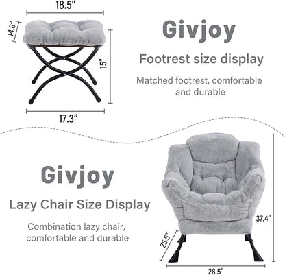 Plush Lazy Chair and Ottoman, Large Contemporary Accent Lounge Chair with Armrests and a Side Pocket, Modern Leisure Upholstered Sofa Reading Armchair with Footrest for Bedroom, Living Room