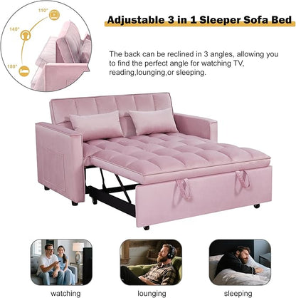 3 in1 Sofa Bed, Pull-Out Sleeper Sofa Bed with 3-Level Adjustable Backrest, Velvet Fabric Convertible Love Seat Sleepers Beds for Living Room & Bedroom & Apartment, Pink