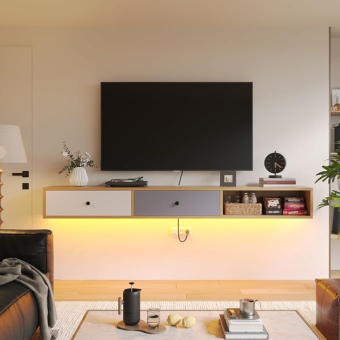 Modern Floating TV Stand with Doors, 47 Inch Wall Mounted TV Console,Floating Media Console Cabinet Under TV Shelf for Living Room Bedroom,Natural