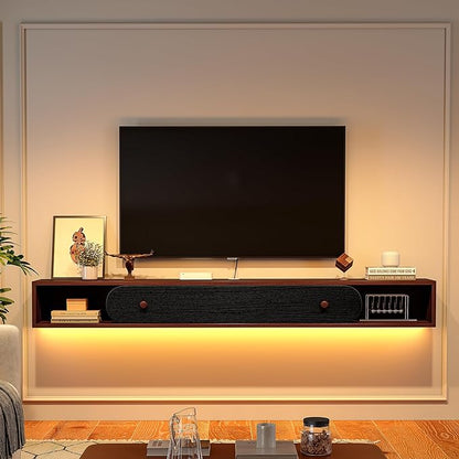 Floating TV Stand Wall Mounted 70'', Modern Media Console with 2 Open Cabinets and 1 Door,Wall Mount TV Console for Living Room Bedroom,Walnut and Black