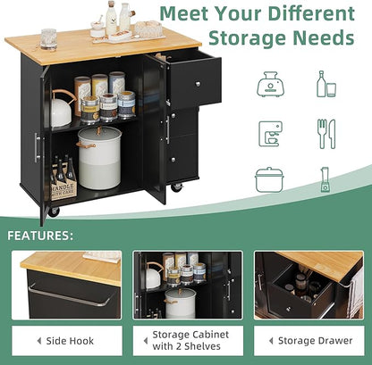 Shintenchi Rolling Kitchen Island Cart with Folding Drop Leaf Breakfast Bar, Portable Trolley Island with Large Storage Cabinet, Shelf and Drawer, Black