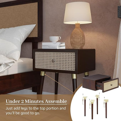Bme Nipe Solid Wood and Rattan Nightstand, Fully Assembled, Woven Cane End Table, Bedside Table for Modern Bedroom, Boho Living Room with Tall Wood Legs Large Storage 1-Drawer, Walnut