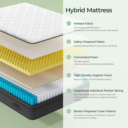 12 Inch Full Size Mattress in a Box for Back Pain, Medium Firm Feel Fiberglass Free Hybrid Mattress with Individual Pocket Springs and Pressure-Relieving Memory Foam, 120-Night Trial