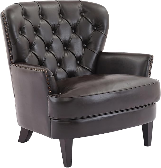 Ball & Cast Accent Chair,Mid-Century Lounge Living Room Chairs with Button Tufting,Upholstered Reading Accent Chair W/Solid Wood Legs and Curved Backrest,for Bedroom,Apartment,Dark Brown