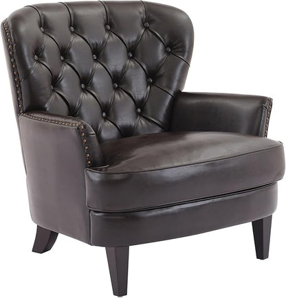Ball & Cast Accent Chair,Mid-Century Lounge Living Room Chairs with Button Tufting,Upholstered Reading Accent Chair W/Solid Wood Legs and Curved Backrest,for Bedroom,Apartment,Dark Brown