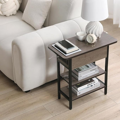 Modern End Table with Charging Station, Narrow Side Table with USB Ports & Outlets, Flip-Top Nightstand with Storage Shelf, Small Bedside Table for Living Room, Bedroom, Small Space, Charcoal Gray