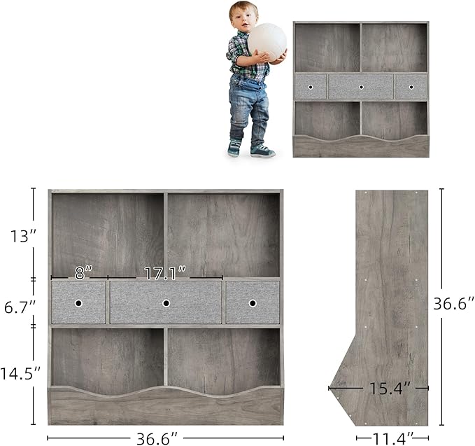 IDEALHOUSE Kids Bookshelf and Toy Storage Organizer with 3 Movable Drawers, Floor Storage Cabinet Toy Chest with 4 Cubbies, Multifunctional Storage Chest for Nursery, Playroom and Bedroom, White