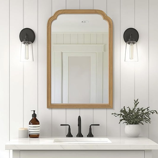 WallBeyond Wood Frame Wall Mirror Rounded Corner Arch Rectangle Mirror for Entryway, Living Room or Bedroom Home Decor - Light Woodgrain [20" x 30" Natural Color]