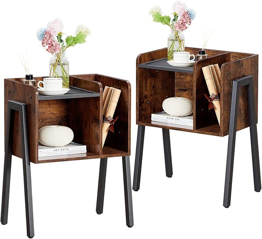 VECELO Nightstand Set of 2,Industrial Side End Table/Stackable Accent Furniture with 2-Tier Open Storage Compartments for Bedroom, Living Room and Small Spaces