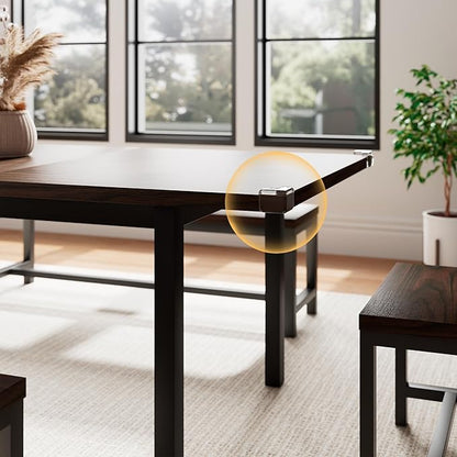 5 Pieces Dining Room Table Set for 4-6, 63' Extendable Kitchen Table Set with 2 Benches & 2 Stools, Small Dining Table Set with Metal Frame & MDF Board, Espresso