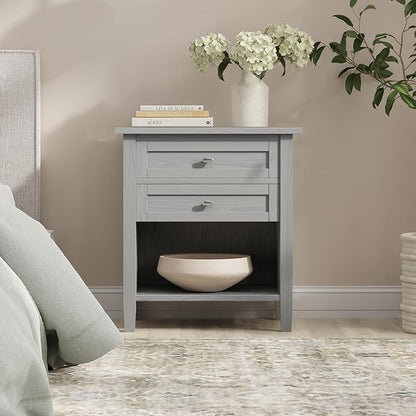 SIMPLIHOME Warm Shaker SOLID WOOD 24 Inch Wide Transitional Bedside Nightstand Table in Fog Grey, For the Living Room and Bedroom