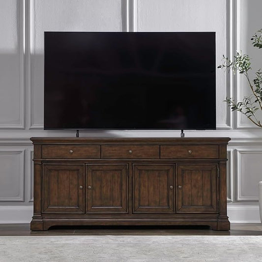 Liberty Furniture Arden Road TV Console, 74 Inch, Satin Cherry, 3 Drawers, 4 Doors