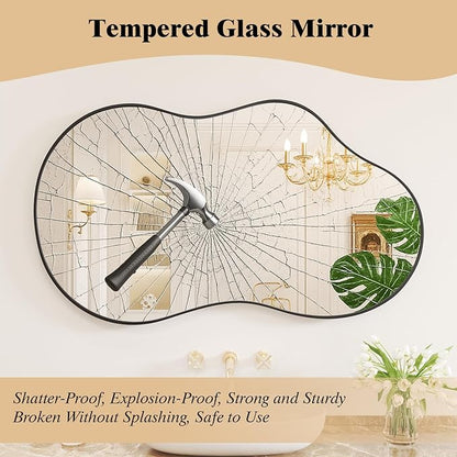 WEER Irregular Wall Mirror, 24x36 inch Black Asymmetrical Mirror Wall Mounted Mirrors Decorative, Abstract Wavy Aluminum Alloy Frame Mirror for Bathroom, Bedroom, Living Room, Entryway