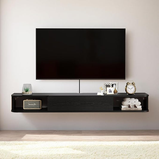 Pmnianhua Floating TV Stand with Drawer,74'' Wall-Mounted TV Cabinet,Floating TV Console,Under TV Entertainment Shelf with Storage for Bedroom Living Room(Black)