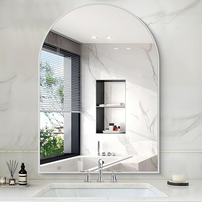 Arched Bathroom Mirror, 36x48IN Silver Bathroom Mirror with Metal Frame, Wide Wall Mounted Mirrors Decor Modern Dresser Mirror for Bedroom Living Room Entryway
