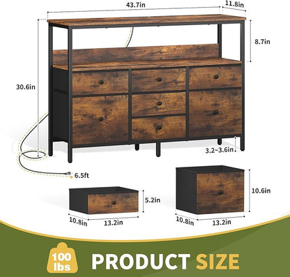 Yoobure LED TV Stand for Bedroom, 50 Inch Kids Dresser With Power Outlets, 7 Drawers Entertainment Center With Storage Shelf, Living Room Console