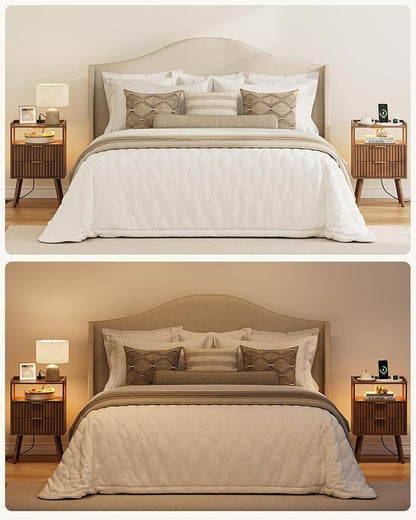 Nightstand with Charging Station and LED Lights,Modern Bedside Table with 2Drawer and Open Shelf,Walnut Night Stand with Solid Wood Legs,End Table for Living Room、Bedroom and Small Spaces