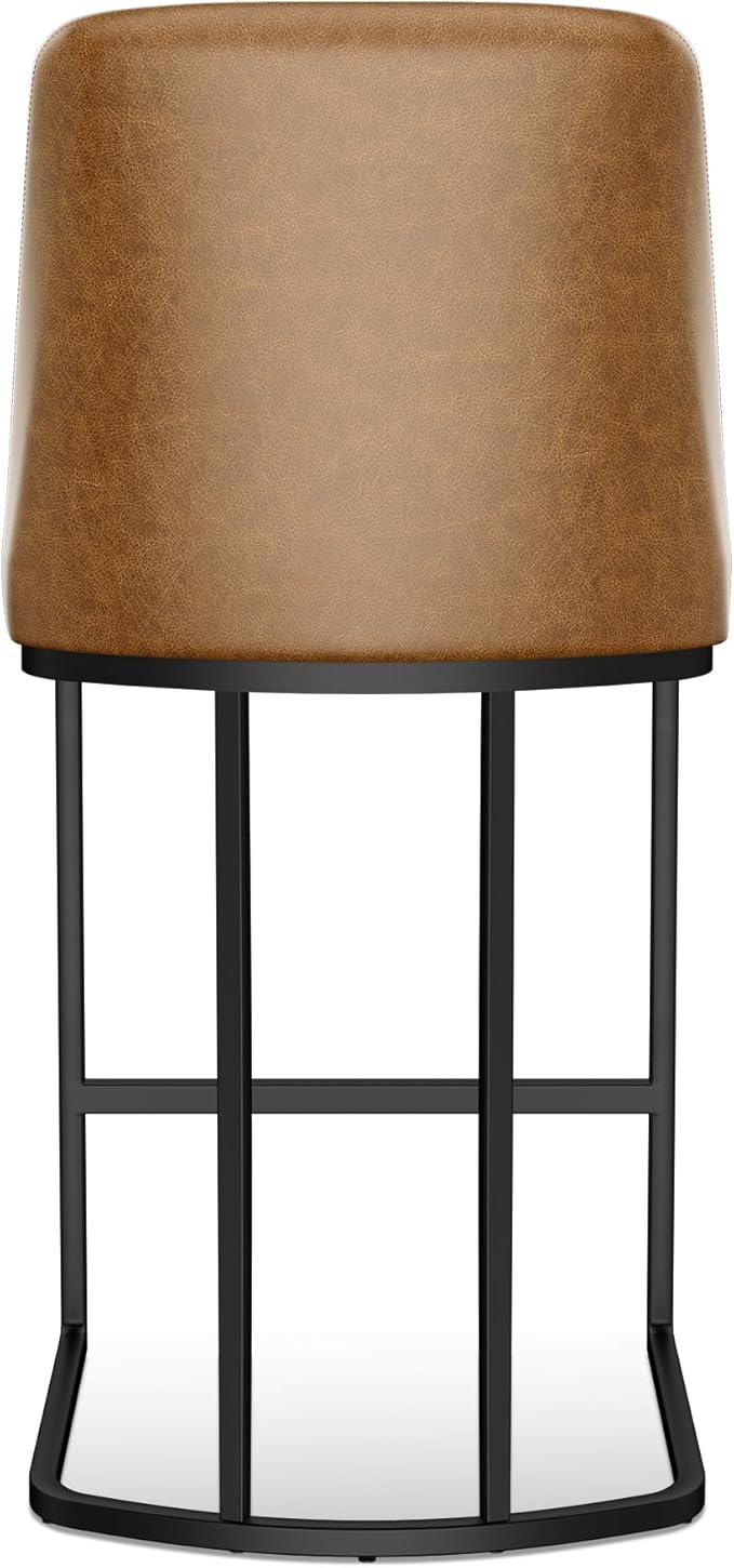 Counter Height Bar Stools Set of 6, Upholstered Leather Barrel Barstools with Back and Metal Legs for Kitchen Island, 27.4" Seat Height, Fabric in Faux Leather, Rustic Brown