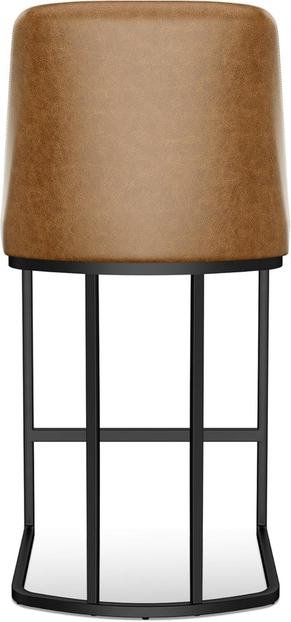 Counter Height Bar Stools Set of 4, Upholstered Leather Barrel Barstools with Back and Metal Legs for Kitchen Island, 27.4" Seat Height, Fabric in Faux Leather, Rustic Brown
