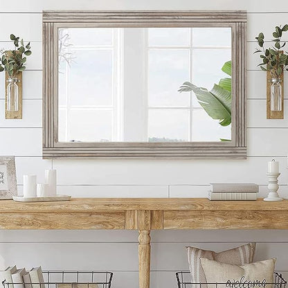 YOSHOOT Hand-Made Wooden Spliced Wall Mirror for Bathroom, Rustic Farmhouse Vanity Mirror, Décor Wall Art, Solid Wood Frame, Vertical or Horizontal Hanging, 60" x 30", Grey