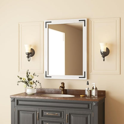 VocalStar White Wood Framed Mirror 24 x 36 Inch, Rustic Natural White Wooden Rectangle Bathroom Vanity Wall Mirror for Farmhouse Boho Decor, 1/4-inch Shatterproof Glass | Waterproof