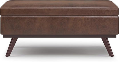 SIMPLIHOME Owen 42 inch Wide Mid Century Modern Rectangle Lift Top Large Coffee Table Storage Ottoman in Distressed Chestnut Brown Vegan Faux Leather, Assembled, For the Living Room