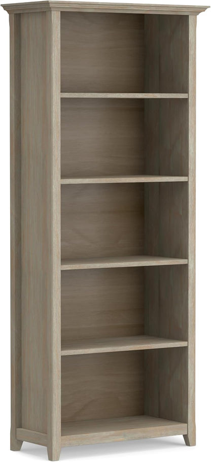 SIMPLIHOME Amherst Bookcase - 70 inch Tall 5-Shelf Solid Wood Bookshelf in Distressed Grey, Transitional Storage for Living Room, Study Room or Office with Adjustable Shelves and Tapered Legs