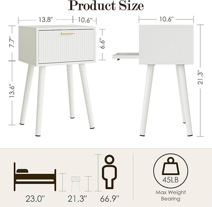 Night Stand, White Nightstand with Fluted Door, Small Modern Mid-Century Bedside Table for Bedroom, End Table for Living Room