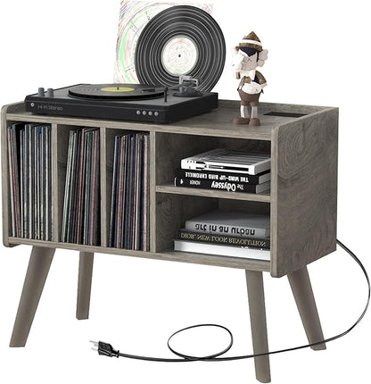 Forevich Record Player Stand Table with Vinyl Storage Holder Large Turntable Record Stand with Power Outlet Holds Up to 220 Albums Display Shelf Cabinet with Wood Legs for Living Room Oak