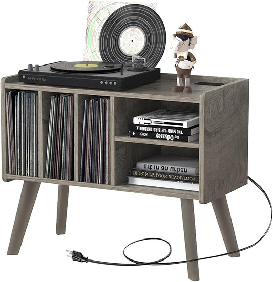 Forevich Record Player Stand Table with Vinyl Storage Holder Large Turntable Record Stand with Power Outlet Holds Up to 220 Albums Display Shelf Cabinet with Wood Legs for Living Room Oak