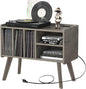 Forevich Record Player Stand Table with Vinyl Storage Holder Large Turntable Record Stand with Power Outlet Holds Up to 220 Albums Display Shelf Cabinet with Wood Legs for Living Room Oak