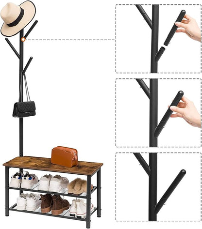 HOOBRO Coat Rack Shoe Bench, 3-Tier Shoe Rack, Industrial Shoe Organizer Storage Bench, Entry Bench with Mesh Shelves, for Entryway, Living Room, Hallway, Easy Assembly, Rustic Brown BF12HX01