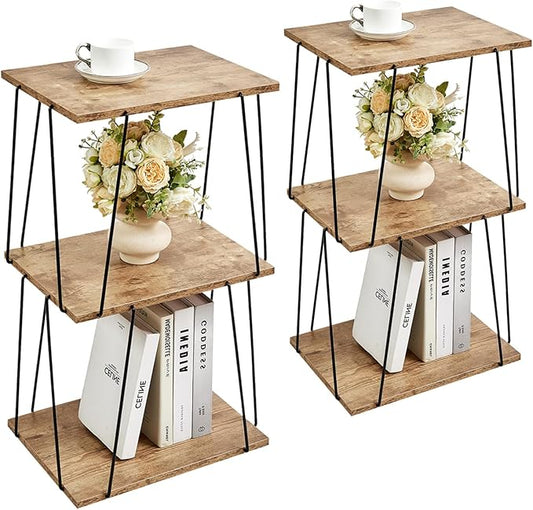 Side Table Set of 2, Tall End Table, Small Accent Table, Bedside Table for Living Room, Bedroom, Greige & Black