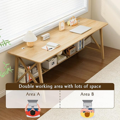 Extra Long Desk with Bookshelf - Wooden Home Office Work Study Table, 2-Person Writing Computer Workstation with Storage Shelf in Oak, 71" Wx20 Dx30 H