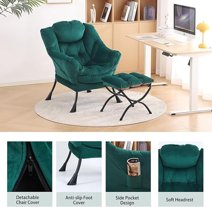LITA Lazy Chair With Ottoman, Modern Accent Leisure Upholstered Sofa, Contemporary Lounge Reading With Armrests and Side Pocket for Living Room, Bedroom & Small Space, Dark Green