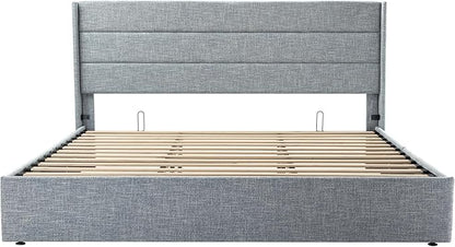 SHA CERLIN King Size Lift Up Storage Bed/Modern Wingback Headboard/Upholstered Platform Bed Frame/Hydraulic Storage/No Box Spring Needed/Wood Slats Support/Grey Blue