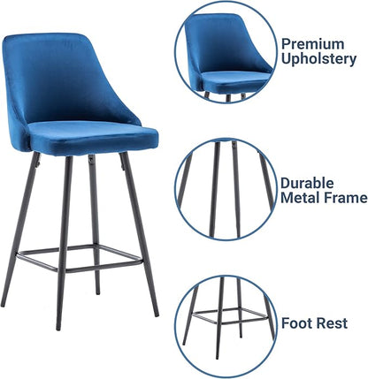 BTEXPERT Set of 2,Premium upholstered Dining 25" Seat Height, High Back Count Stool Bar Chairs, Pack Blue Velvet barstools