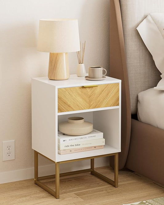 Nightstand, Boho Night Stand Wood Farmhouse Bedside Table with Storage, End Side Table for Bedroom,Living Room,White