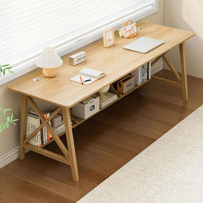 Extra Long Desk with Bookshelf - Wooden Home Office Work Study Table, 2-Person Writing Computer Workstation with Storage Shelf in Oak, 71" Wx24 Dx30 H