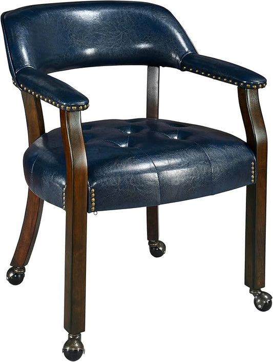LEEMTORIG Large Dining Chairs with Casters and Arms, Rolling Dining Chairs with Wheels, Solid Wood Boss Caption's Chairs Office Desk Chairs, 26" D x 25.2" W, Espresso Legs & Dark Blue PU SY-318-LB