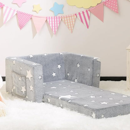 ALIMORDEN 2-in-1 Toddler Fold Out Couch, Comfy Convertible Sofa to Lounger, Glow-in-The-Dark Star Pattern Foam Seat for Little Ones with Removable Washable Cover