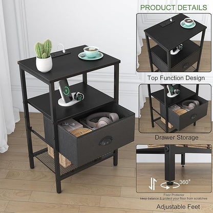 Nightstands Set of 2, Black Night Stands with Charging Station, Bedside Tables with Fabric Drawers PU Finish, 2-Tier Side Table with Open Shelf, Nightstands with Drawer,Black