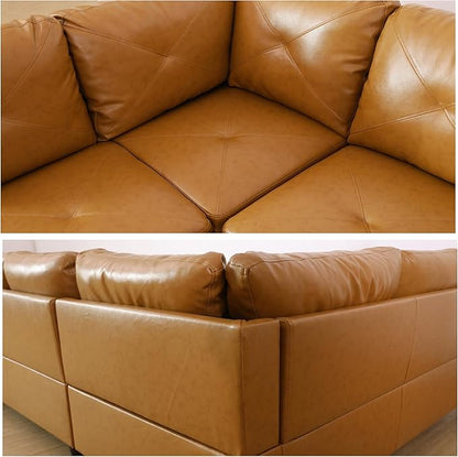 L-Shaped Sectional Sofa with Ottoman, Right-Facing Leather Modern Couch for Living Room, Bedroom, Office, Ginger Black